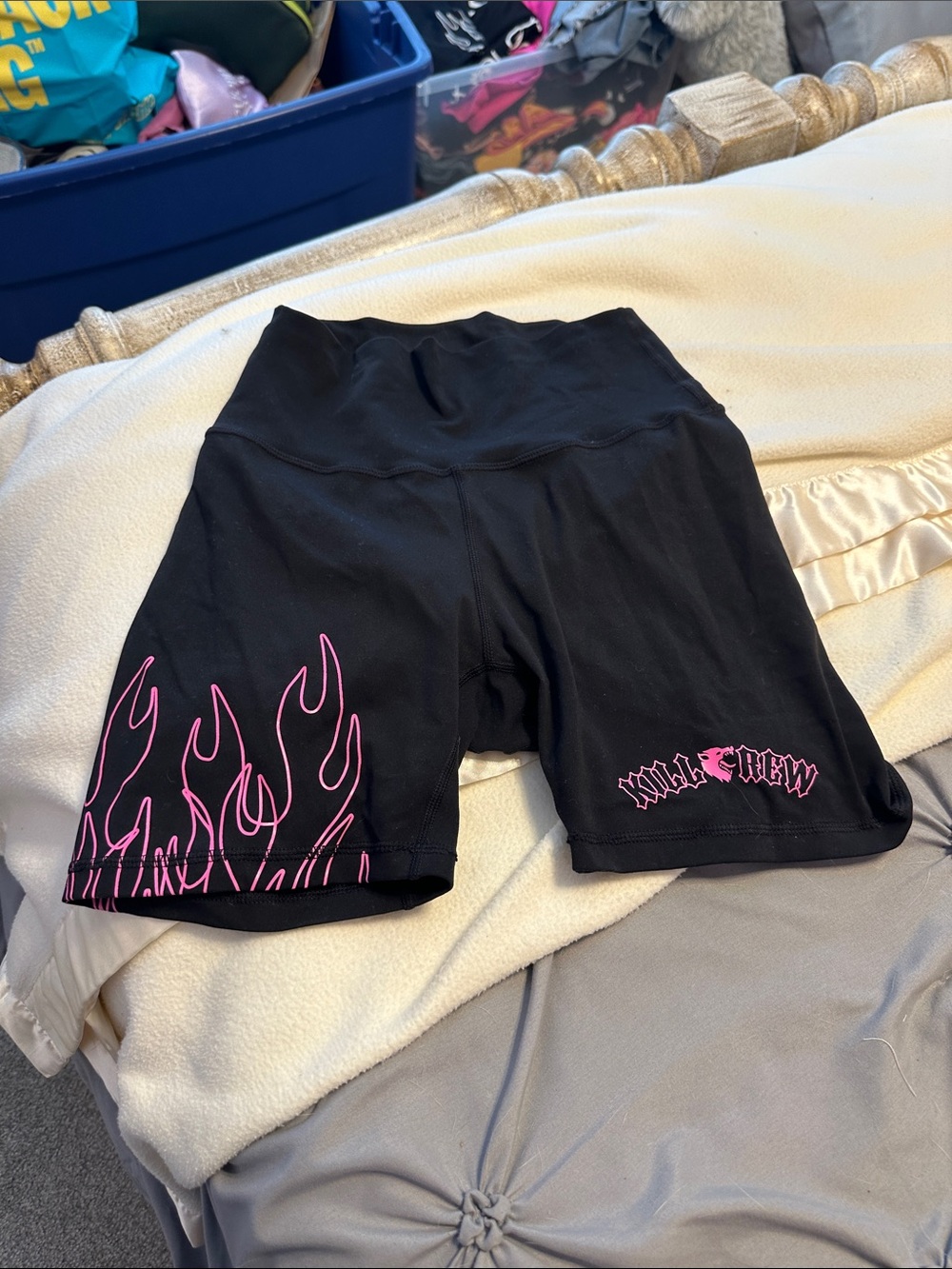 Black High-Waist Flame Bike Shorts - Pink Flame Detail